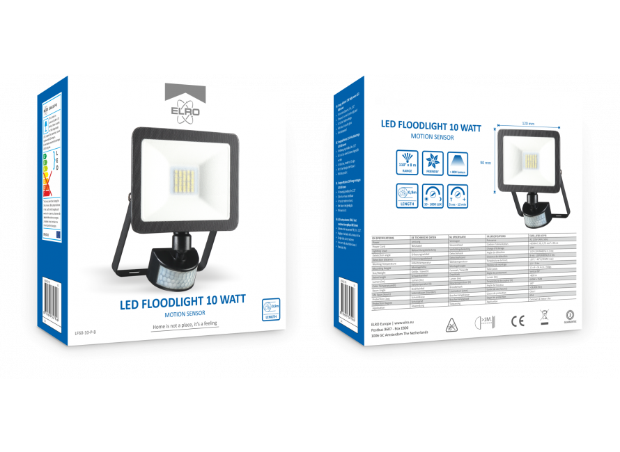 LED Buitenlamp met Bewegingssensor - 10W – 800LM – IP54 Waterdicht - Zwart (LF60-10-P-B) ELRO